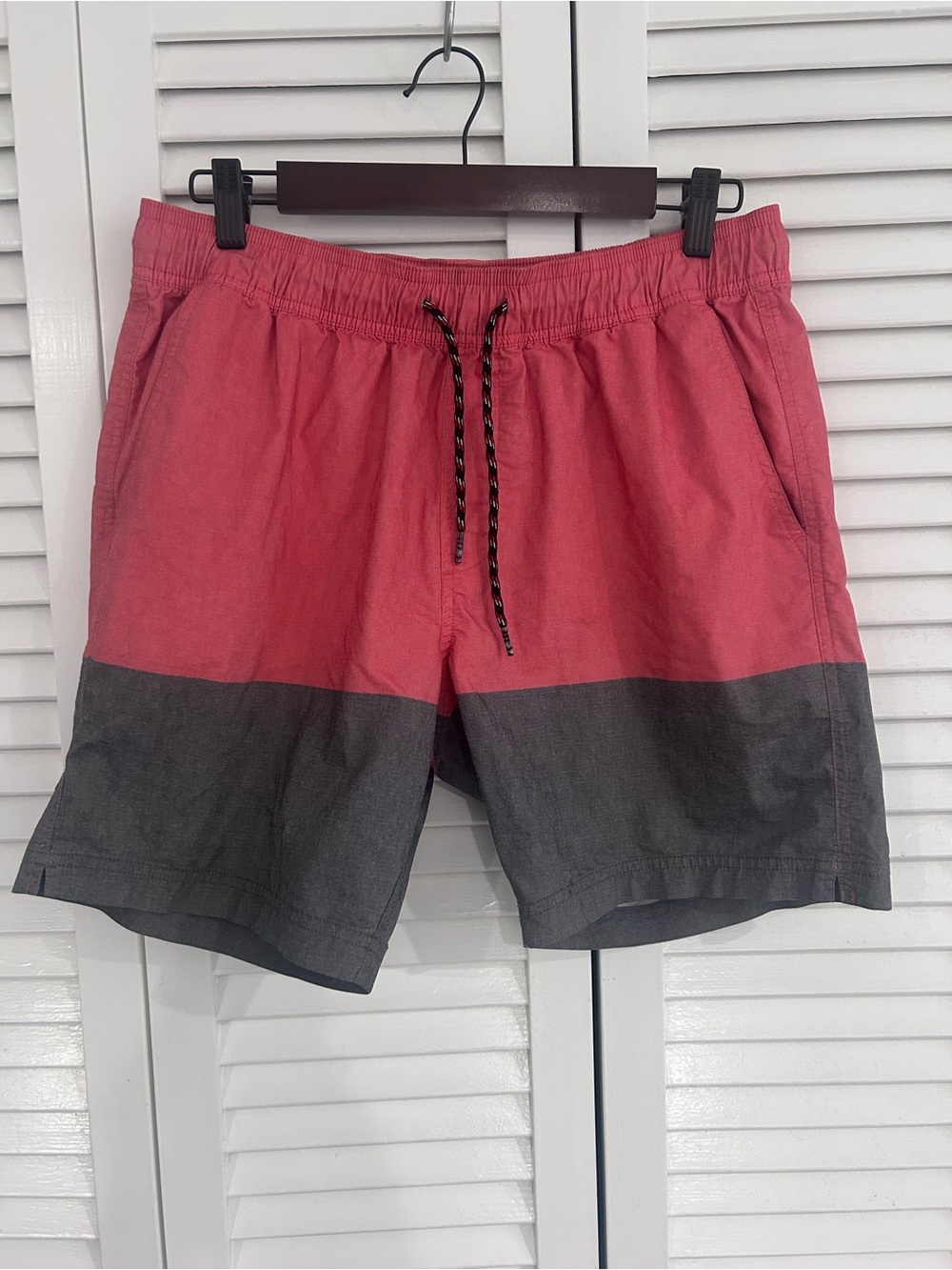 Men's Two-Tone Swim Shorts in Coral and Charcoal